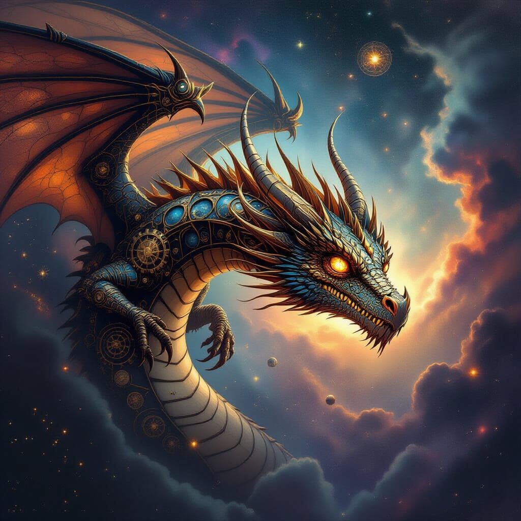Steampunk Dragon Soaring Through Cosmic Nebula