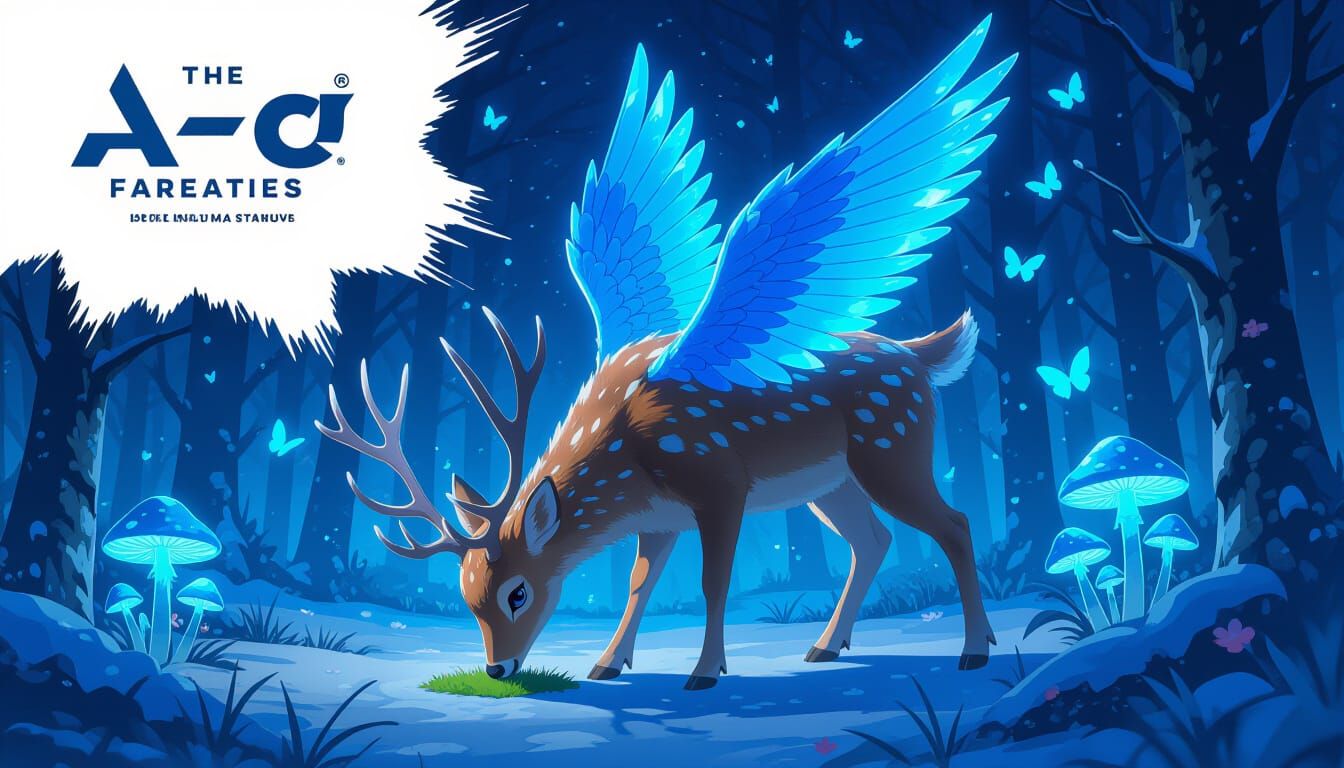 Blue Winged Deer in Snowy Forest, Manhwa Style
