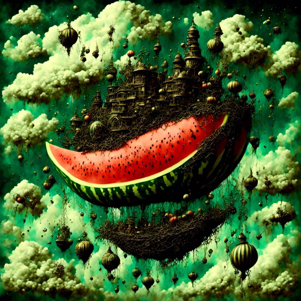 Steampunk Watermelon Gondola Sinking into Clouds