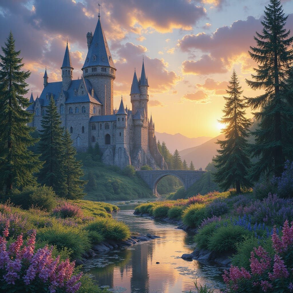 Enchanted Sunset Kingdom with Majestic Castle Spires