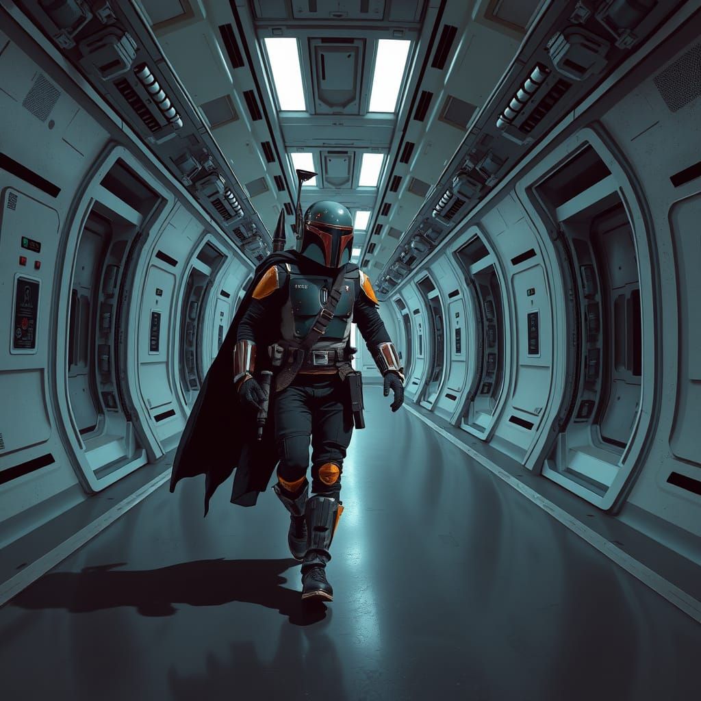 Mandalorian Bounty Hunter Searches Abandoned Spaceship