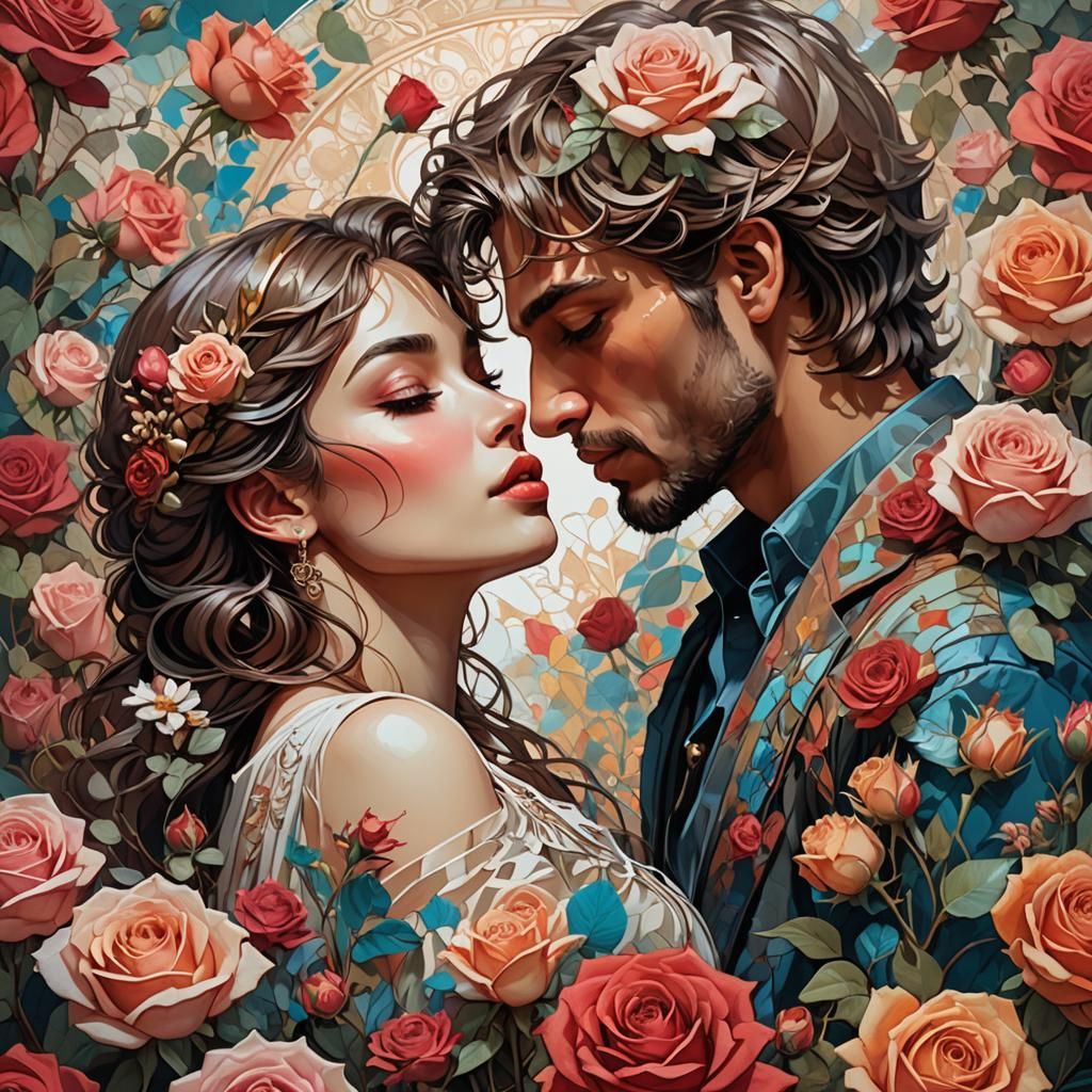 Romantic Floral Kiss in Mixed Media Style
