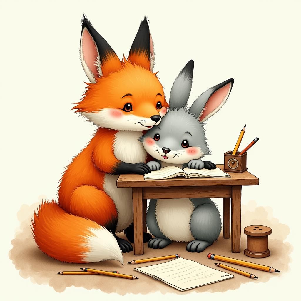 Fox and Rabbit at Pencil Desk, Whimsical Illustration