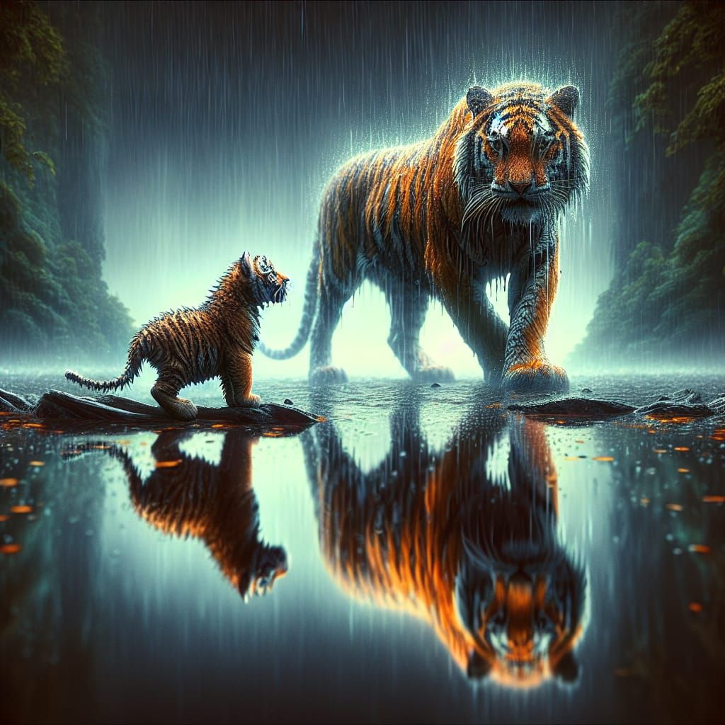 Baby Tiger Sees Future Self in Lake Reflection