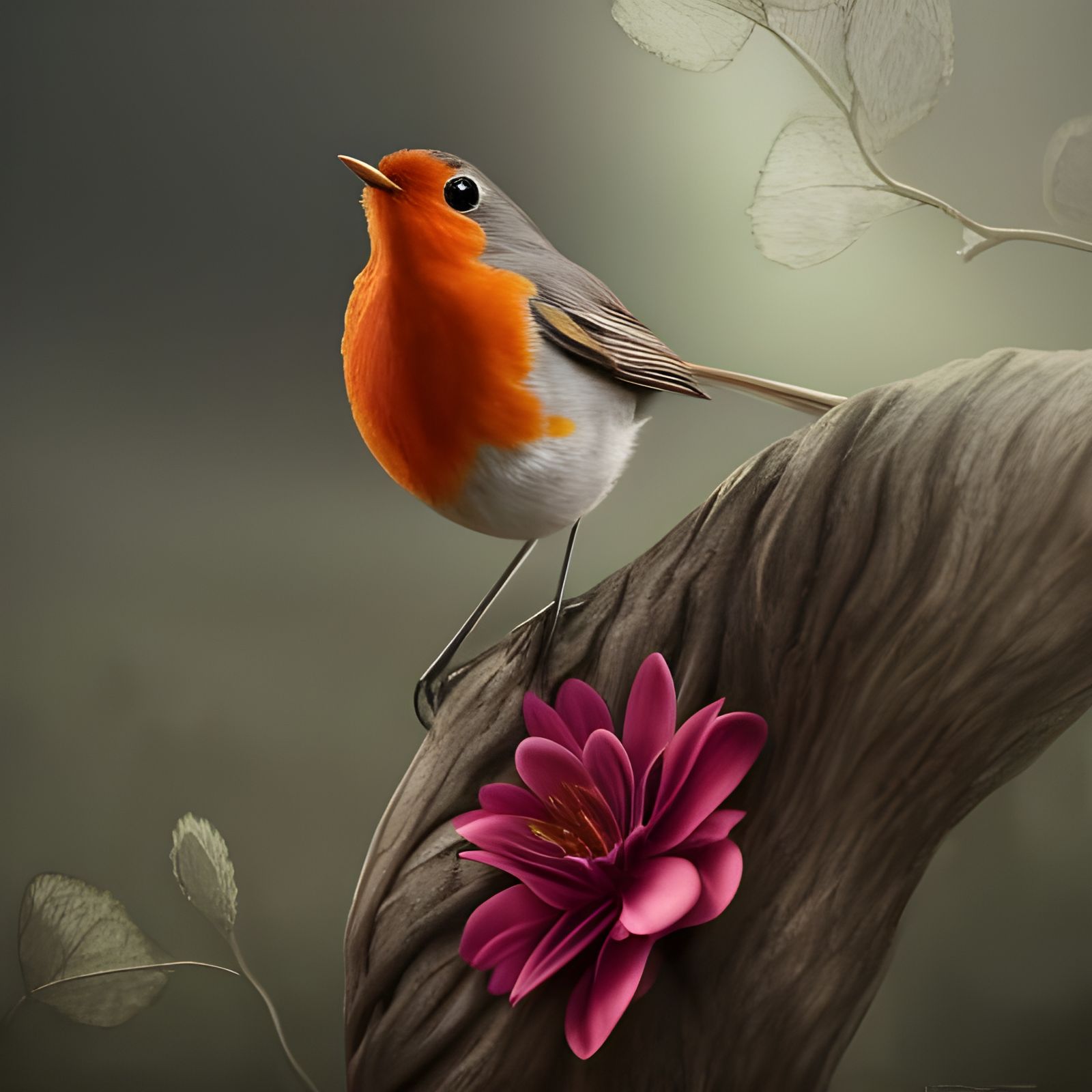 Detailed Robin Portrait on Trunk, Digital Art