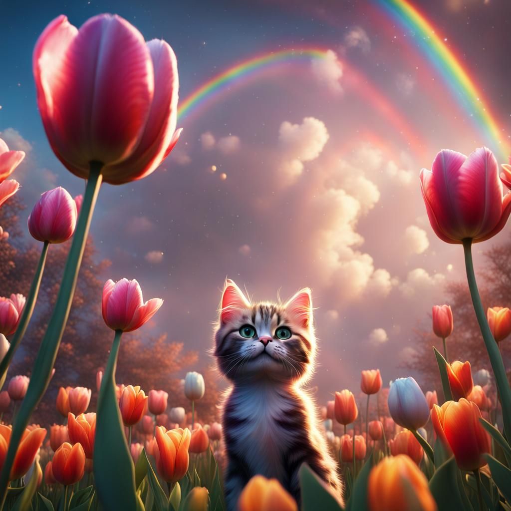 Rainbow Tulips with Kittens: Fantasy Concept Art
