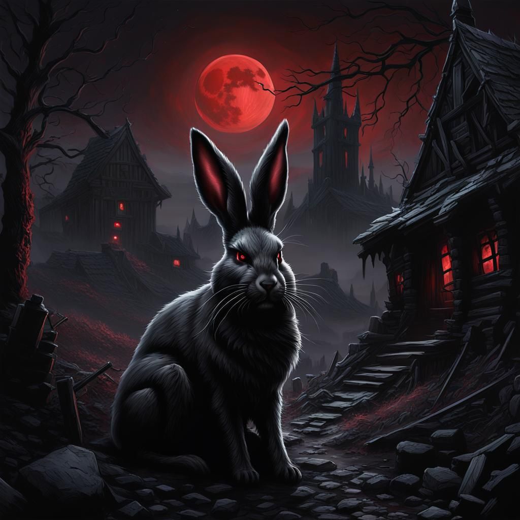 Demonic Easter Bunny in Ruined Village at Night