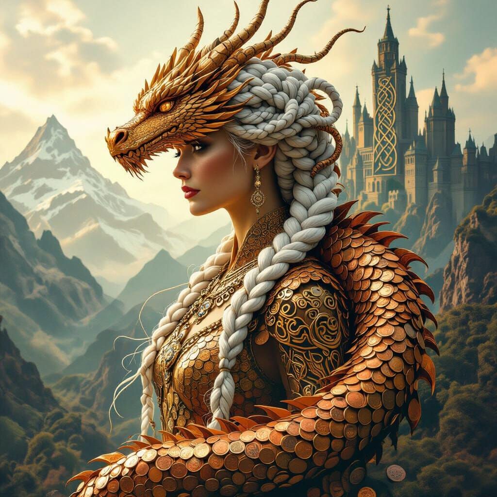 Golden Dragon Merges With Celtic Medusa in Fantasy Landscape