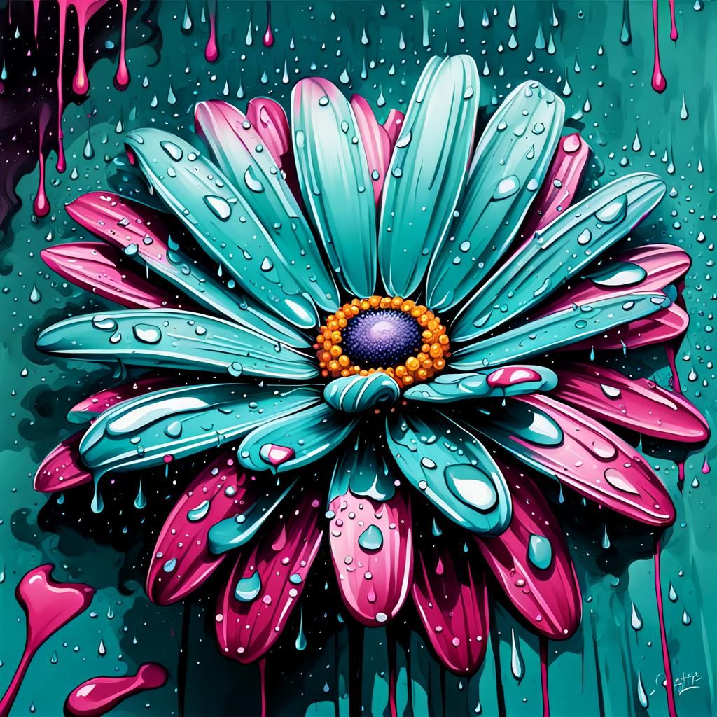 Teal Daisy with Raindrops in Graffiti Art Style
