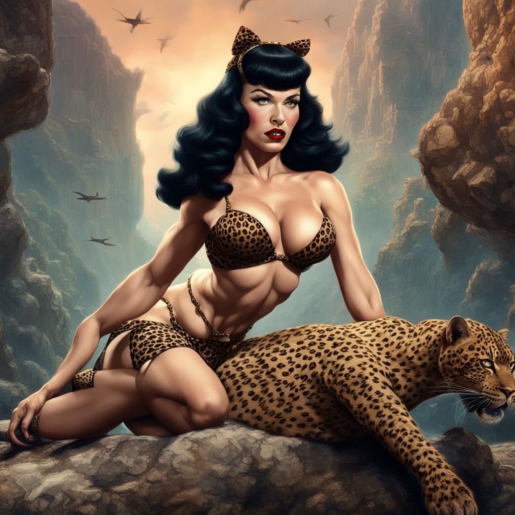 Bettie Page in Leopard: Detailed Matte Painting