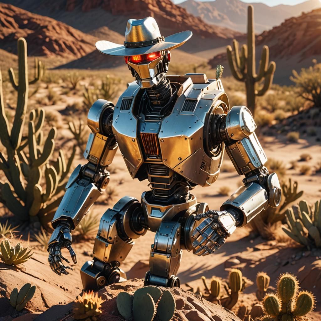Robot Cowboy Shoots Cactus in Desert: Hyper-Realistic Photo