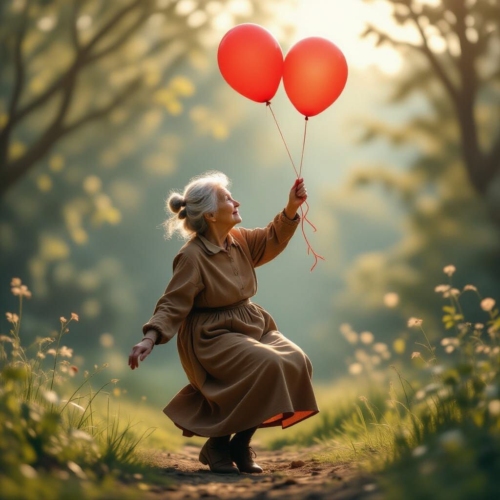 Elderly Woman Floats with Red Balloon in Photorealistic Styl...