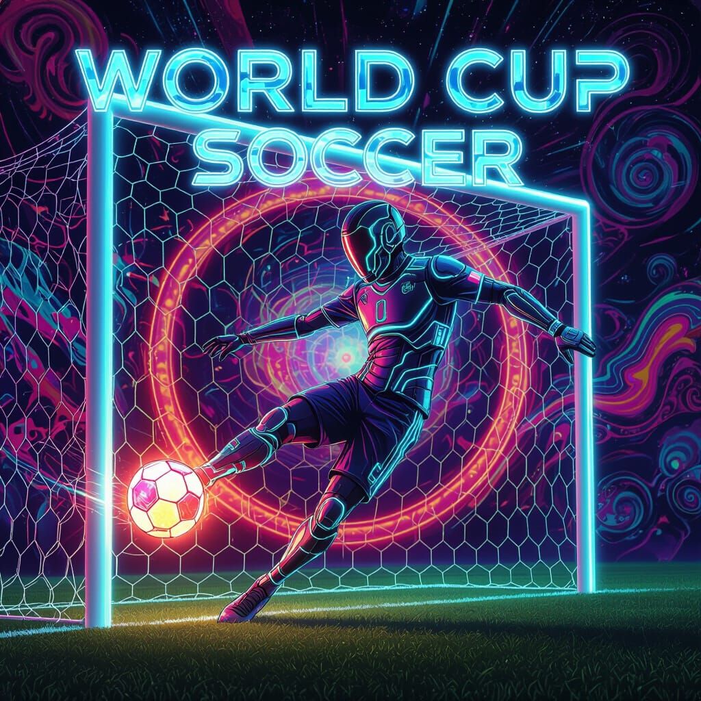 Futuristic Soccer Player Kicking Glowing Goal in Cosmic Styl...