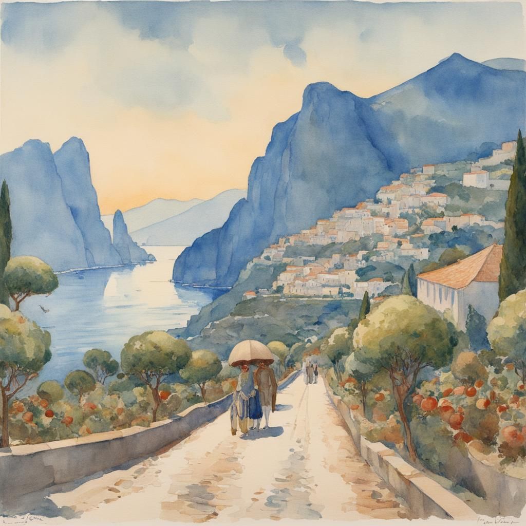 Two Women Eating Apples, Watercolor Painting