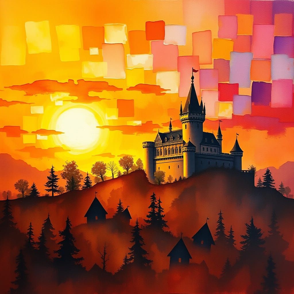 Majestic Castle Sunset in Abstract Expressionism