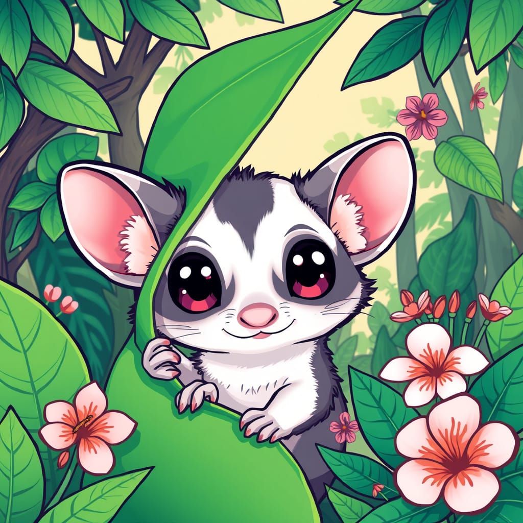 Whimsical Sugarglider Peeks from Jungle Leaf in Kawaii Art