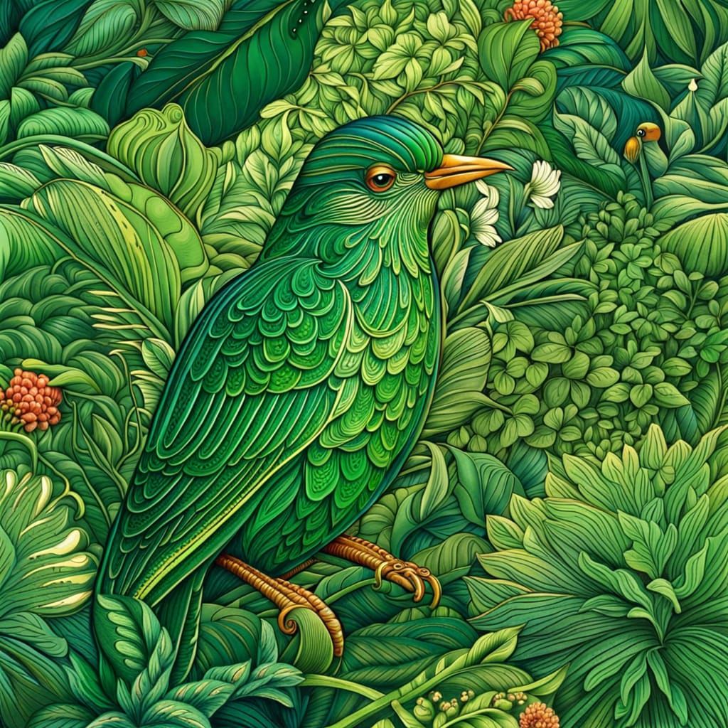 Green Bird in a Radiant Garden Scene