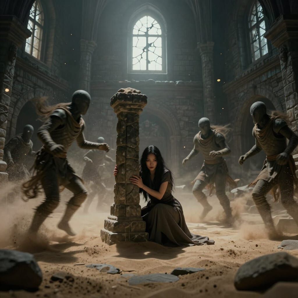 Surreal Dream Castle Scene With Asian Woman Hiding