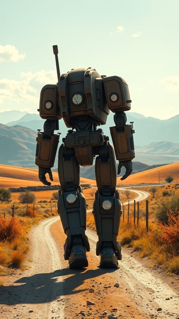 Hyperreal Robot Walks Through Summer Countryside