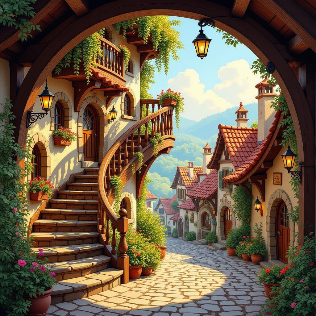 Whimsical Village Stairs to Cozy Nooks in Golden Hour