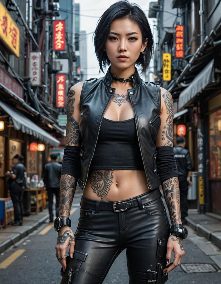 Cyberpunk Mafia Woman in Leather, Night City