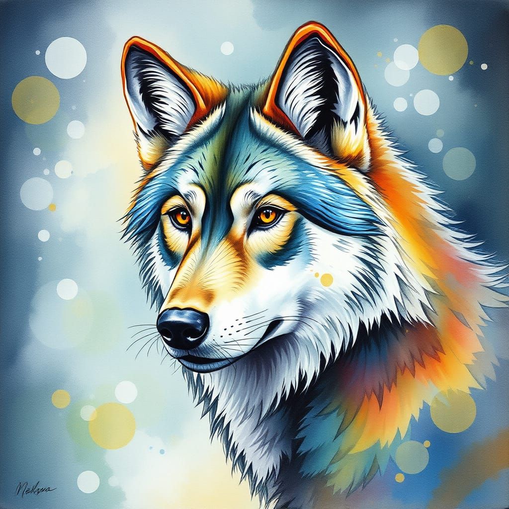 Colorful Rain: Wolf and Moon Watercolor