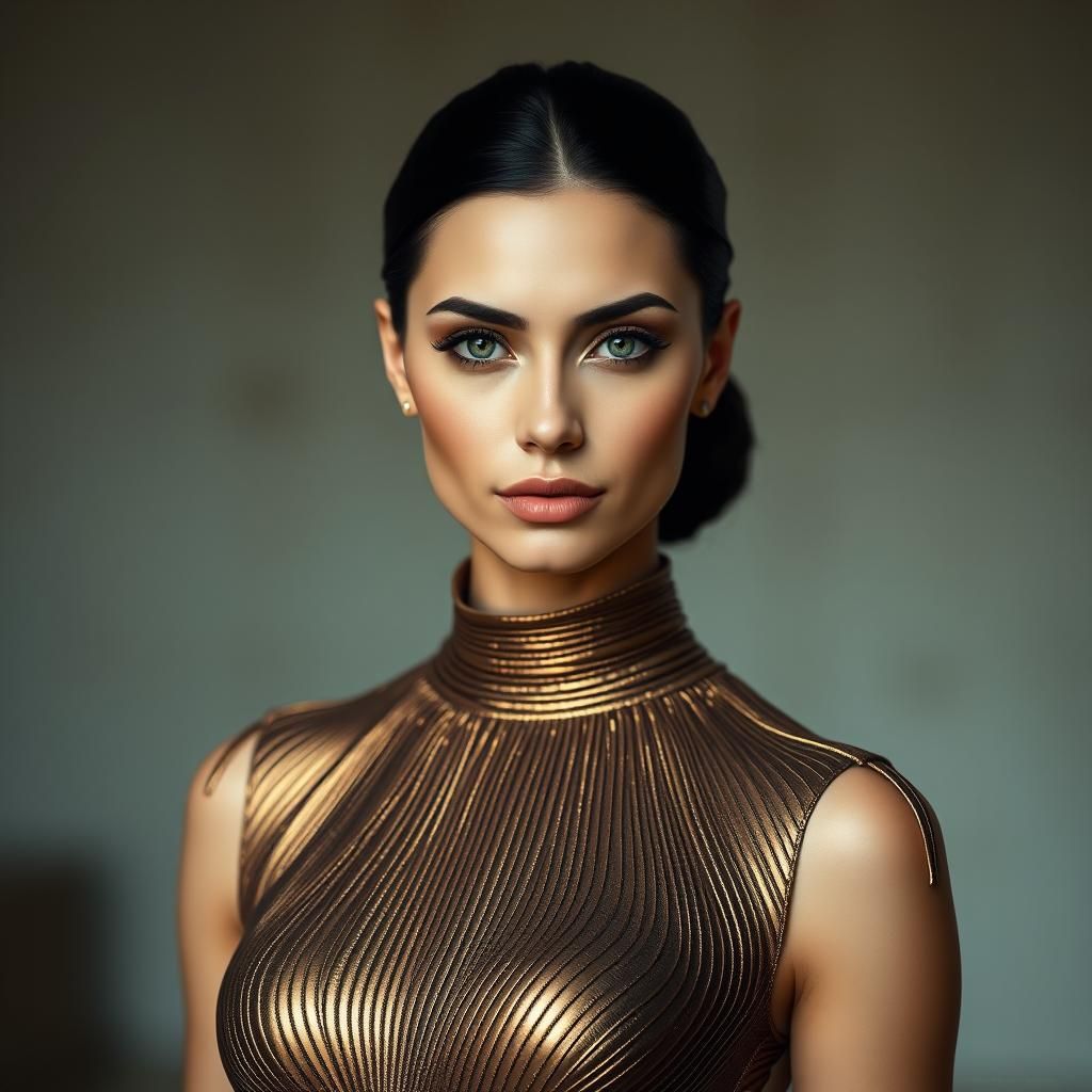 Elegant Woman with Metallic Gown in High-Fashion Style