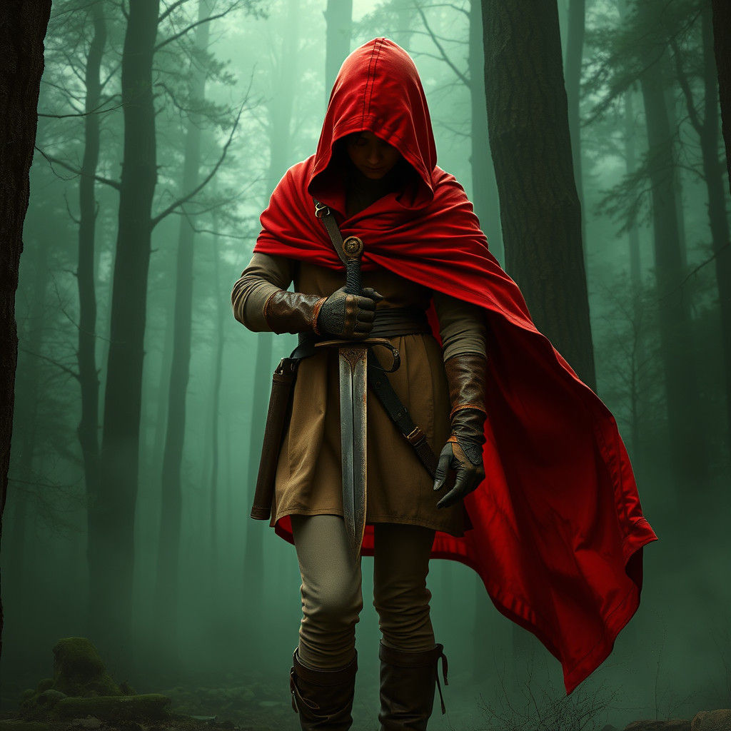 Red Hooded Hunter in Eerie Forest