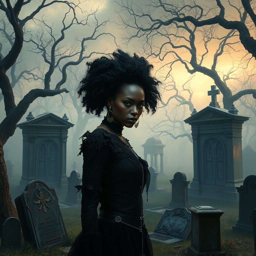 Dark Gothic Vampire Goddess in Haunting Graveyard Scene