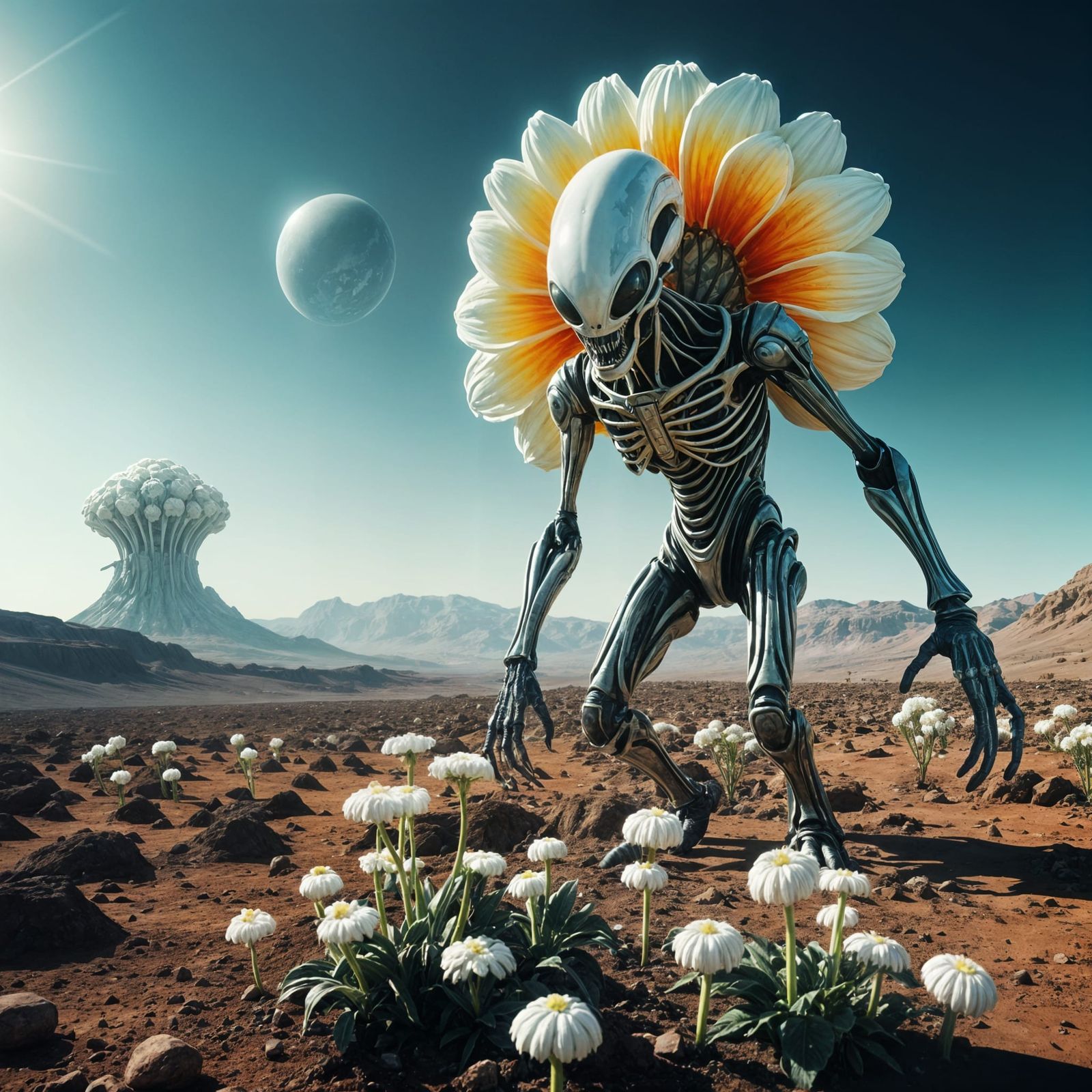 Creepy Alien Organism Grabbing Glowing Flower on Mars
