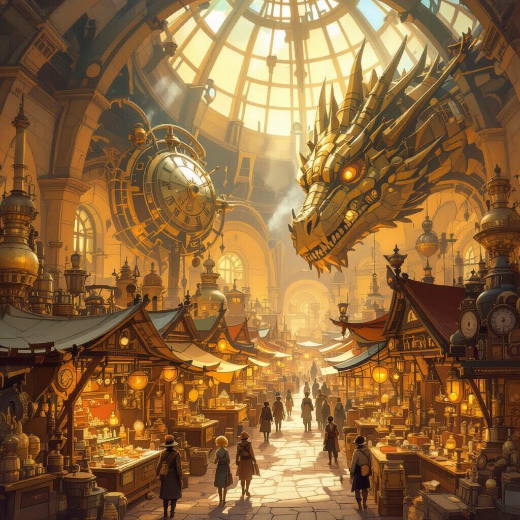 Steampunk Marketplace Inside Clockwork Dragon, Watercolor St...