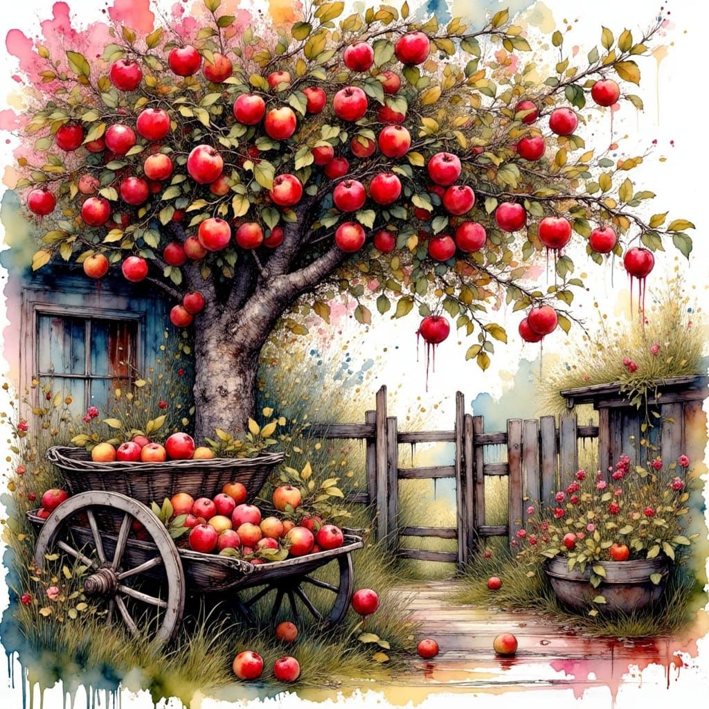 Apple Tree and Cart in Rustic Garden, Ink Poet Style