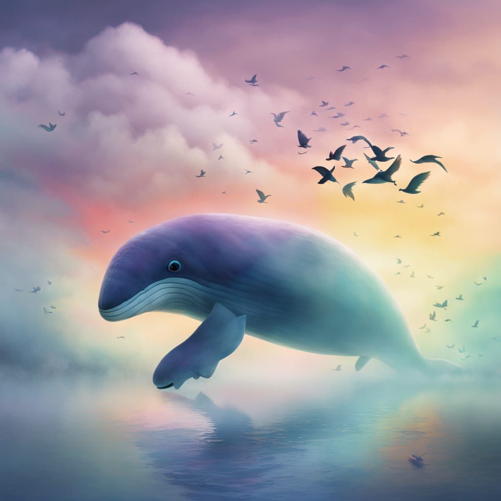 Surreal Whale Soars Through Cloudy Skies in a Dreamy, Whimsi...