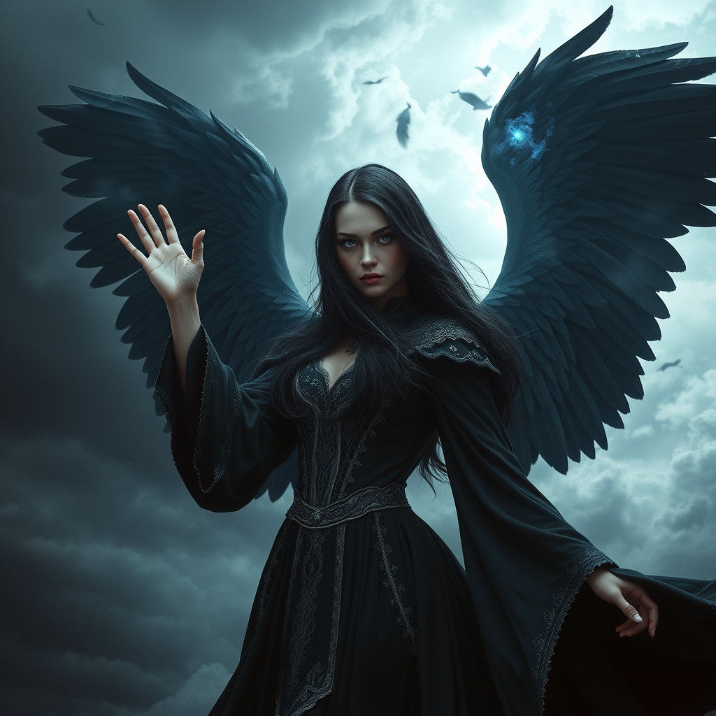 Air Magic Woman with Wings in Dark Fantasy Style