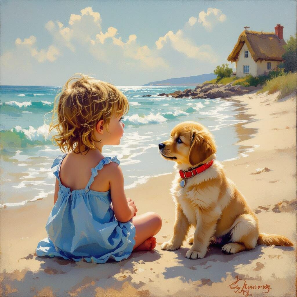 Child and Dog on Beach, Impressionistic Oil Painting
