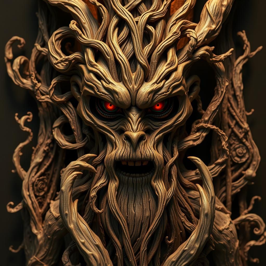 Ancient Tree Spirit Wood Carving in Dark Fantasy Style