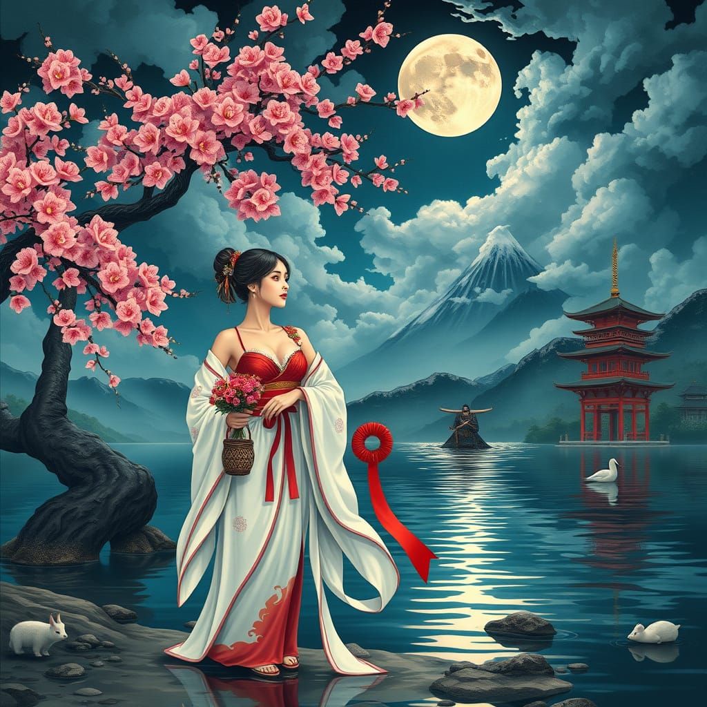 Japanese Woman in Red Bra Gazing at Samurai Warrior Under Sa...