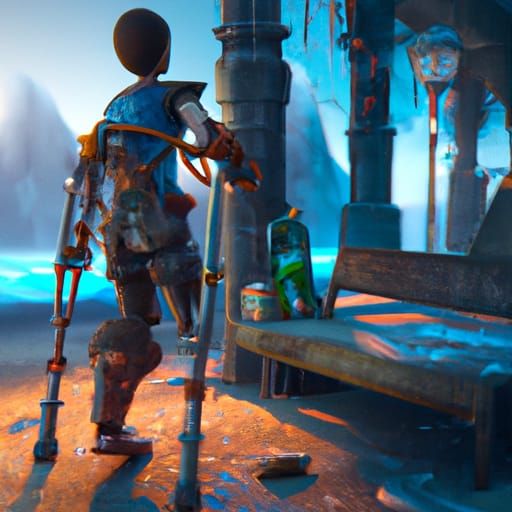 Disabled Figure with Crutches in Fantasy Art