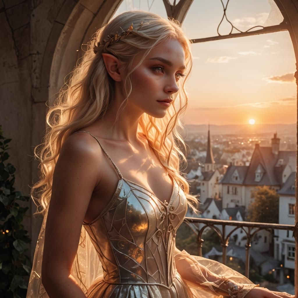 Young Blond Elf in Window at Sunset
