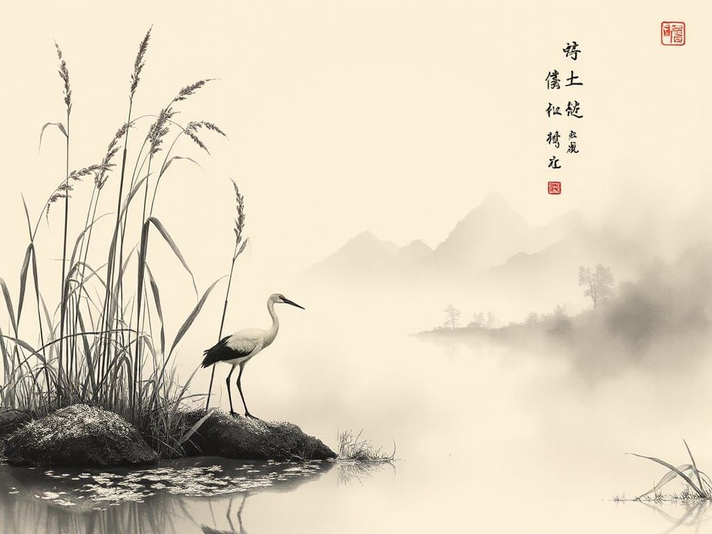 Crane on Riverbank in Sumi-e Style