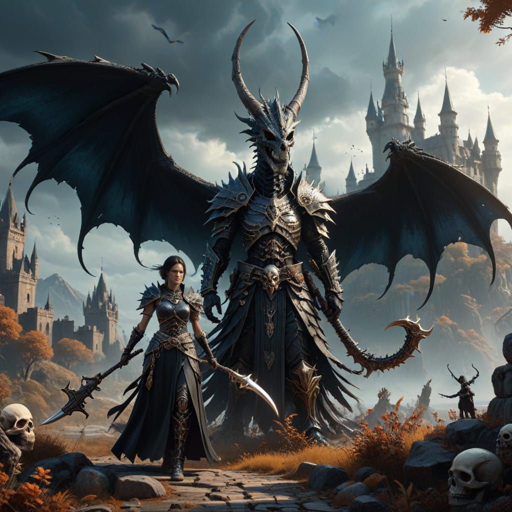 Ethereal Fantasy Realm with Majestic Bone Dragon and Whirlin...