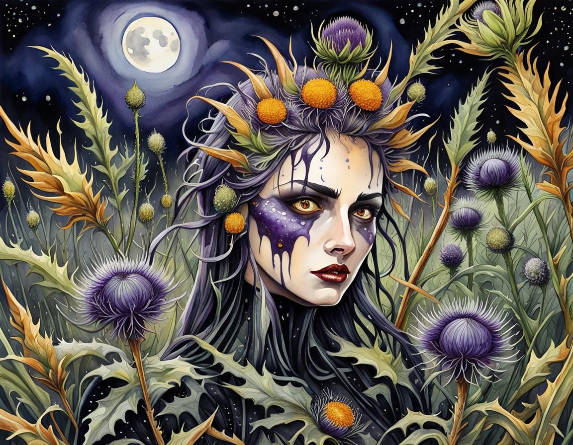 Moonlit Thistle Meadow: Hyperrealistic Surrealist Painting