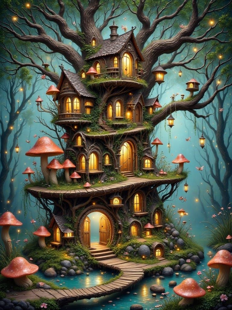 Steampunk Treehouse in Whimsical Fantasy Forest