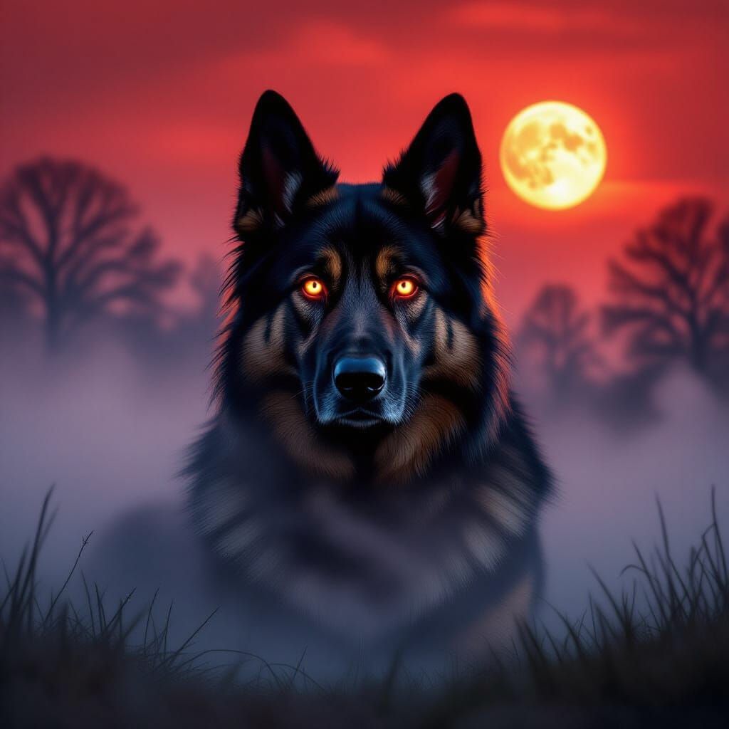 Dramatic German Shepherd with Glowing Eyes in Fog