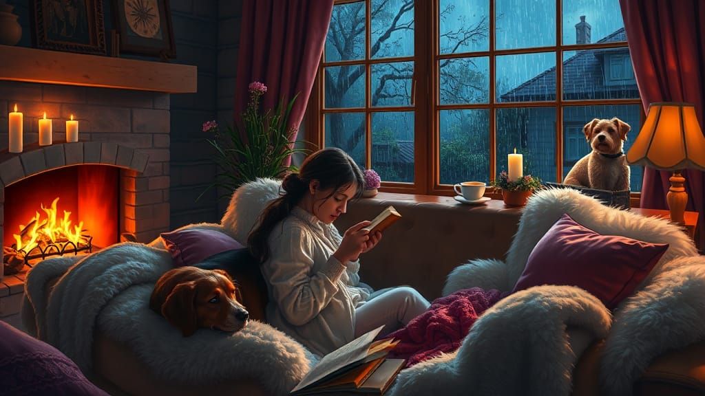 Cozy Evening Scene with Pets as Impasto Painting