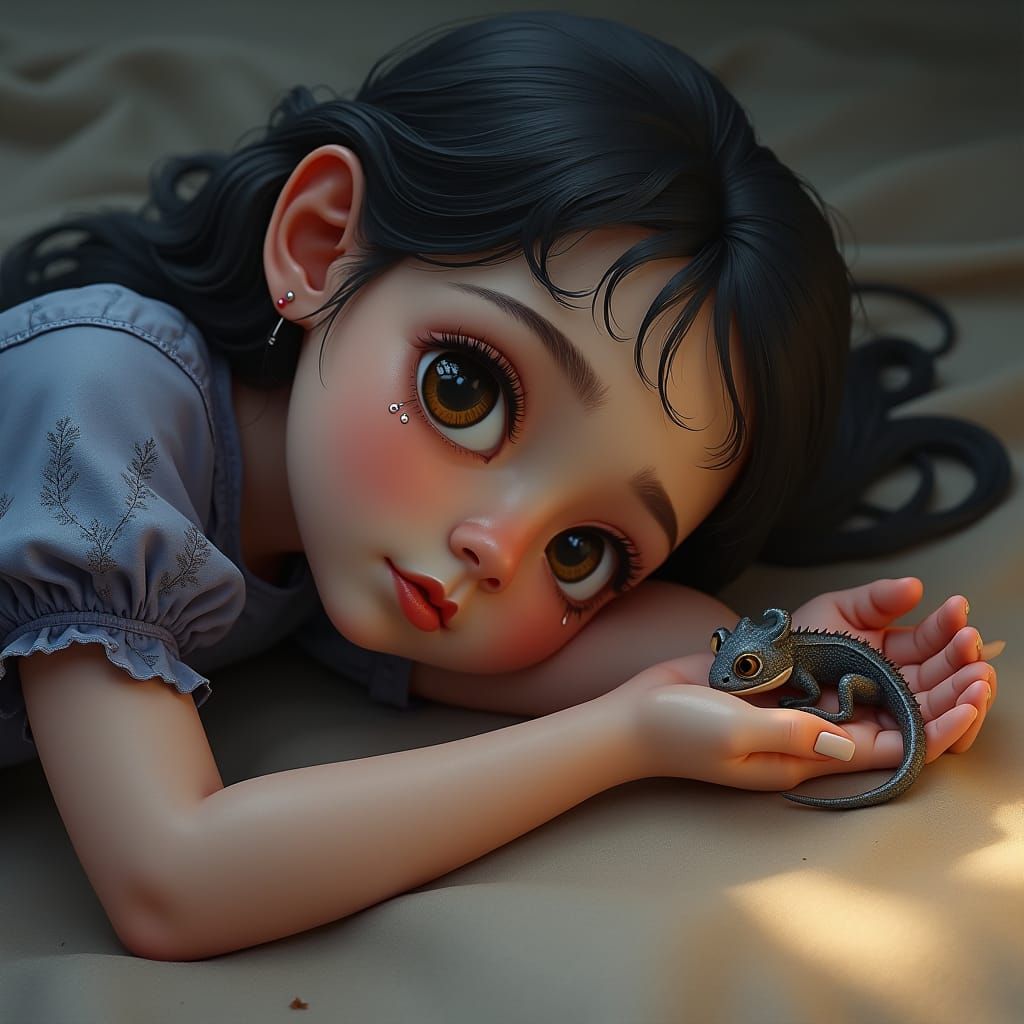 Melancholy Girl with Cog Lizard: Digital Art