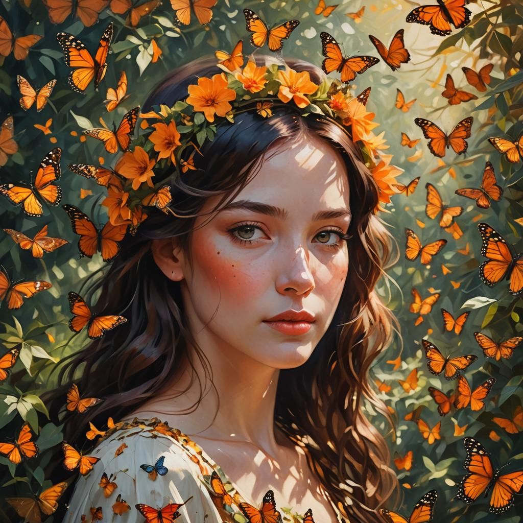 Impressionist Portrait of Girl with Butterflies