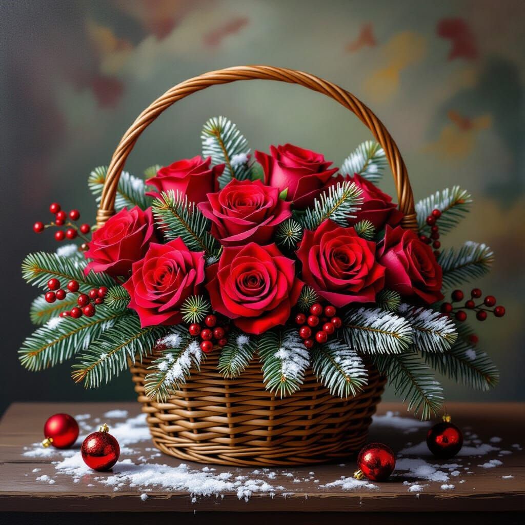 Vibrant Red Roses and Fir in Wicker Basket