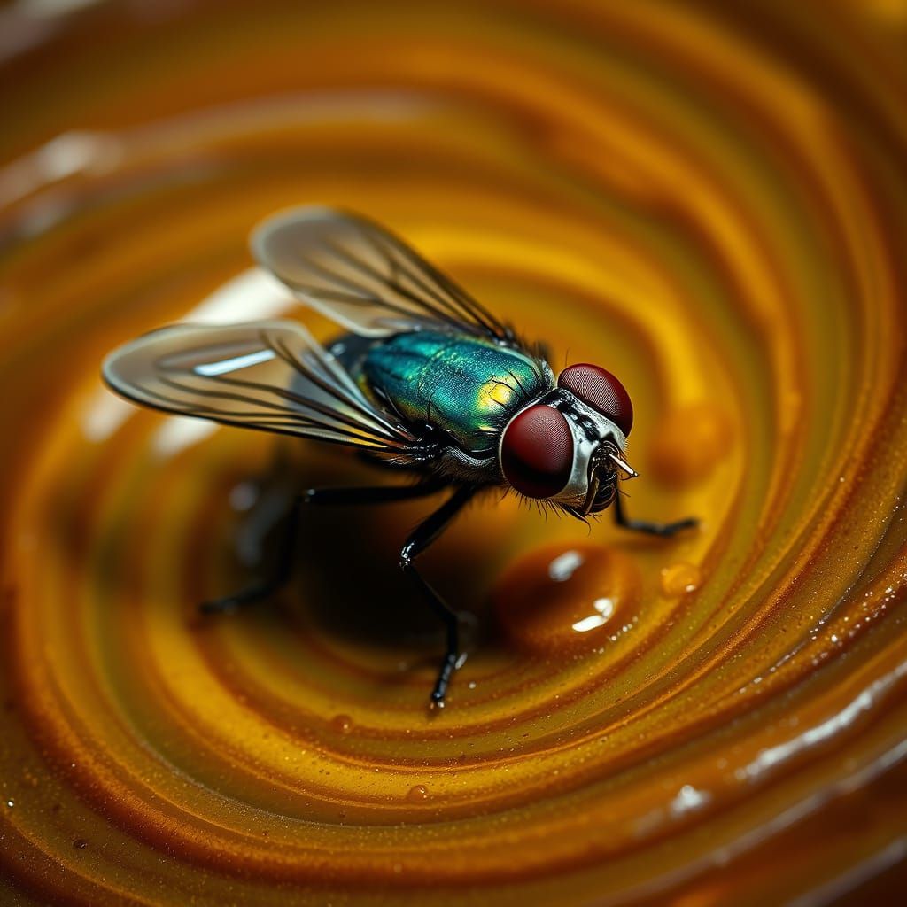 Iridescent Fly in a Swirling Brown Green Vortex