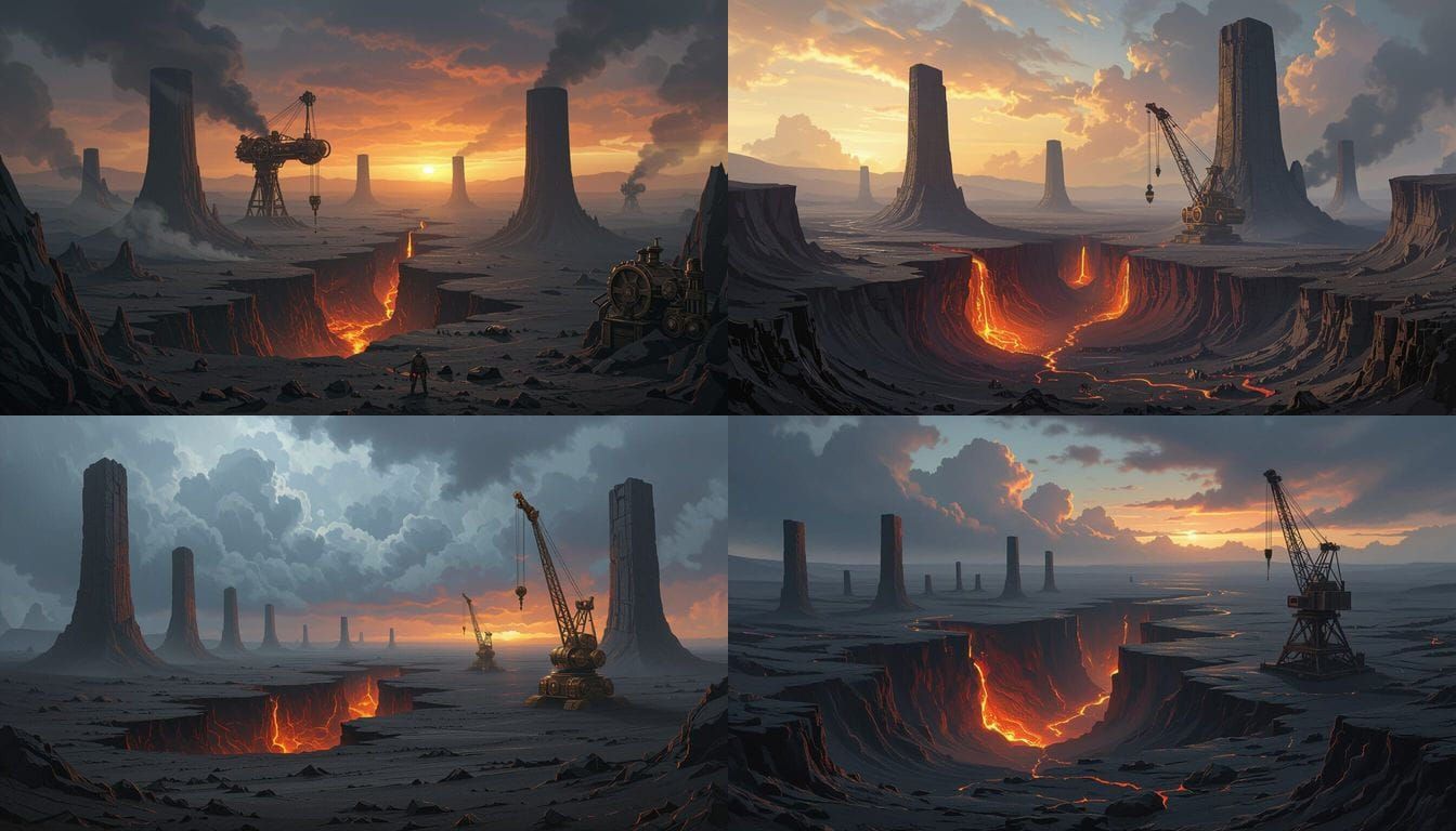 Fantasy Ash Terrain with Basalt Pillars and Magma
